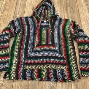 Earth Rugz Baja Jacket Mexican Thread Coat Drug Rug Black Rainbow Hoodie Poncho